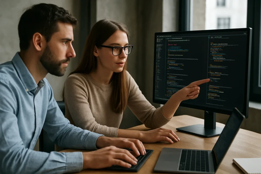 Két fejlesztő együtt dolgozik állapotmentes alkalmazásokon modern környezetben