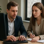 Két kolléga konzultál a Windows Server LTSC-ről, miközben munkájukat végzik.