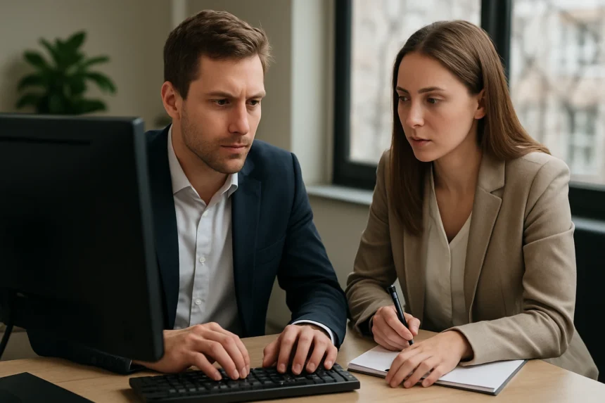 Két kolléga konzultál a Windows Server LTSC-ről, miközben munkájukat végzik.