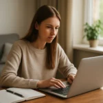 Nő tanul e-learning platformon laptopon az otthonában.