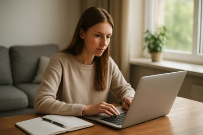 Nő tanul e-learning platformon laptopon az otthonában.
