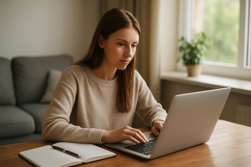Nő tanul e-learning platformon laptopon az otthonában.