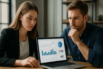 Két szakember közösségi média analítikát elemez laptopon