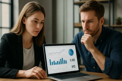 Két szakember közösségi média analítikát elemez laptopon