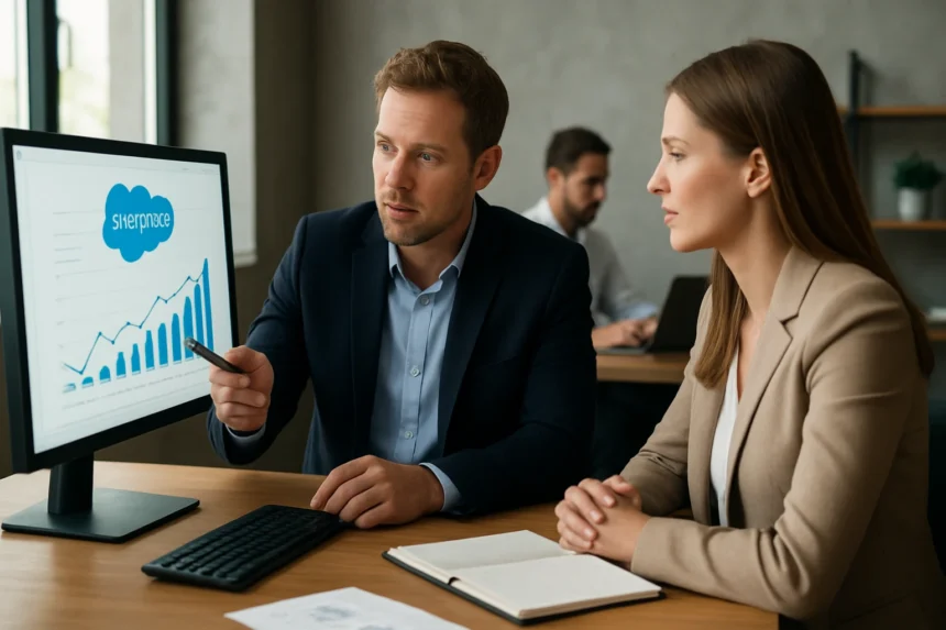 Két üzleti szakember a Salesforce Sales Cloud során a teljesítményelemzést tárgyalja.