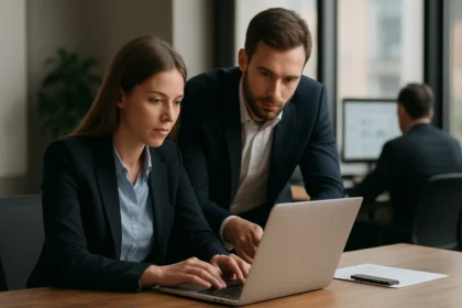 Két üzletember laptopon dolgozik, ágens alapú folyamatautomatizálással foglalkozva.