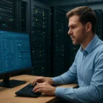 IT szakember bare metal provisioning folyamatát végzi szerver előtt.