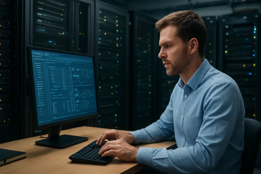 IT szakember bare metal provisioning folyamatát végzi szerver előtt.