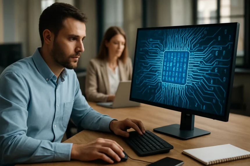 Férfi digitális technológiát használ informatikai folyamatban