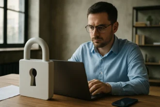 Férfi dolgozik a számítógépén digitális biztonsággal foglalkozó környezetben