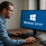 Férfi dolgozik Windows Server operációs rendszeren számítógépen.