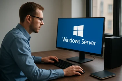 Férfi dolgozik Windows Server operációs rendszeren számítógépen.