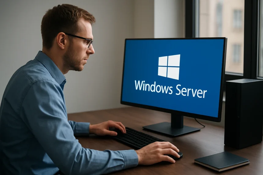 Férfi dolgozik Windows Server operációs rendszeren számítógépen.