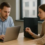 Két ember számítógépen dolgozik, bemeneti és kimeneti adatokkal foglalkozva.