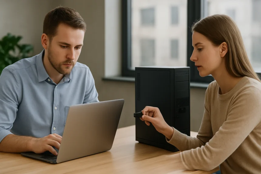 Két ember számítógépen dolgozik, bemeneti és kimeneti adatokkal foglalkozva.