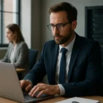 Férfi dolgozik egy laptopon az irodában információbiztonság témájában