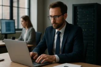 Férfi dolgozik egy laptopon az irodában információbiztonság témájában