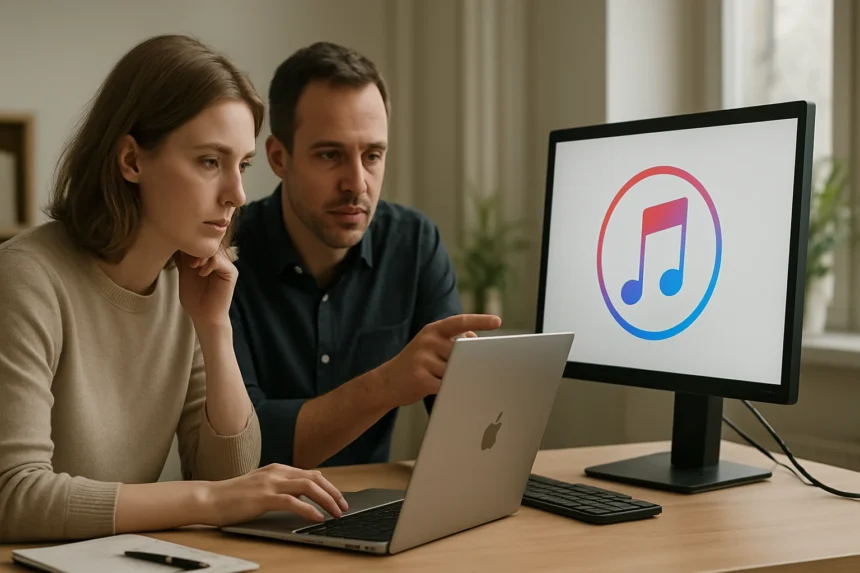 Két felhasználó az iTunes szoftverrel dolgozik a laptop előtt.
