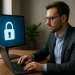 Férfi dolgozik a számítógépnél, a képernyőn egy zárolt ikon látható.