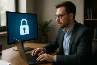 Férfi dolgozik a számítógépnél, a képernyőn egy zárolt ikon látható.