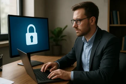 Férfi dolgozik a számítógépnél, a képernyőn egy zárolt ikon látható.