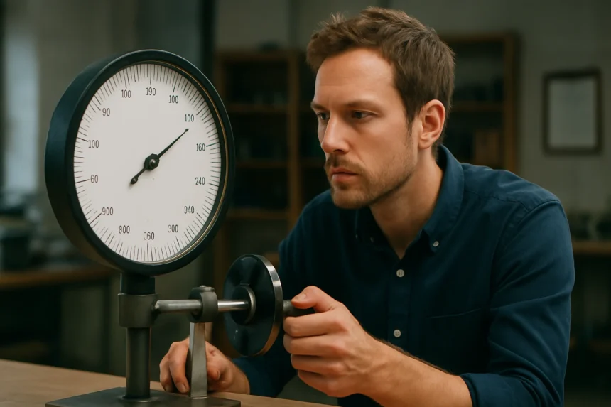 Férfi szögsebesség-mérő eszközzel a laboratóriumban.