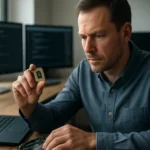 Férfi CPU-ot tart a kezében munkahelyén, számítógépekkel.