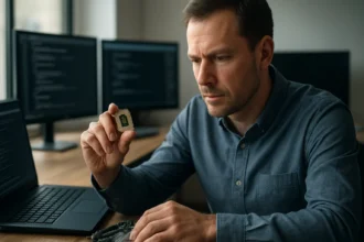 Férfi CPU-ot tart a kezében munkahelyén, számítógépekkel.