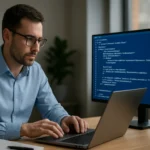 Férfi programozó Windows PowerShell DSC kódot ír egy laptopon.