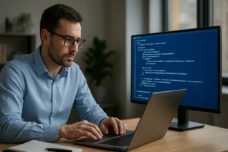 Férfi programozó Windows PowerShell DSC kódot ír egy laptopon.