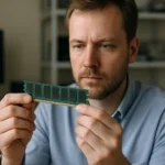 Férfi SIMM memória modulot vizsgál, számítástechnika háttérrel.