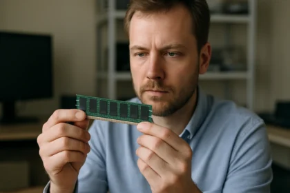 Férfi SIMM memória modulot vizsgál, számítástechnika háttérrel.