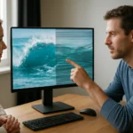 Két ember beszélget egy monitor előtt, amelyen különböző képfrissítési frekvenciák láthatók.