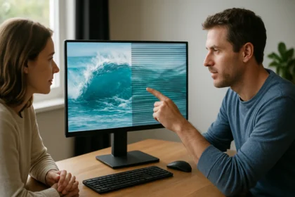 Két ember beszélget egy monitor előtt, amelyen különböző képfrissítési frekvenciák láthatók.