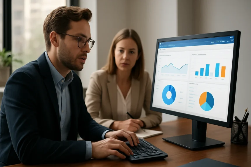 Két üzletember áttekinti a Salesforce CRM analitikát az irodában.