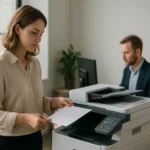 Nő multifunkciós perifériát használ az irodai munkában