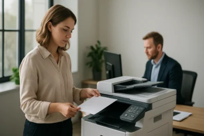 Nő multifunkciós perifériát használ az irodai munkában