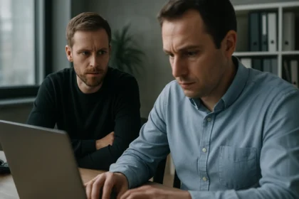 Két férfi a számítógép előtt, belső fenyegetés és kockázatkezelés témakörében.