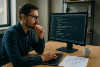 Szoftverfejlesztő dolgozik a kódon és tervezési mintákat elemez.