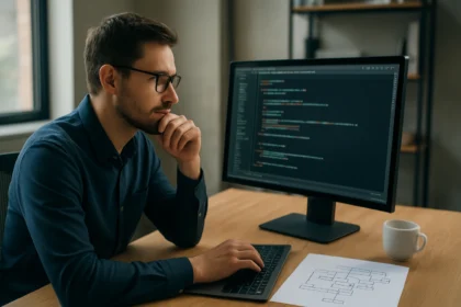 Szoftverfejlesztő dolgozik a kódon és tervezési mintákat elemez.