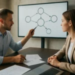 Projektmenedzsment megbeszélés a PERT-diagram használatával