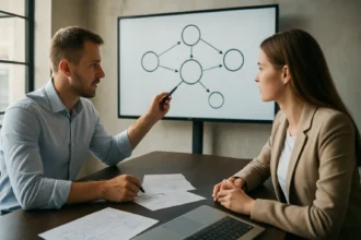 Projektmenedzsment megbeszélés a PERT-diagram használatával