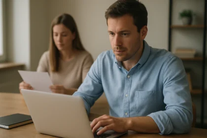 Két ember dolgozik nyílt forráskódú szoftveren egy asztalnál.