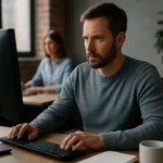 Férfi, aki computer előtt ül, SELinux biztonsági beállításokat néz.