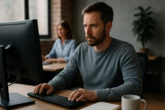 Férfi, aki computer előtt ül, SELinux biztonsági beállításokat néz.