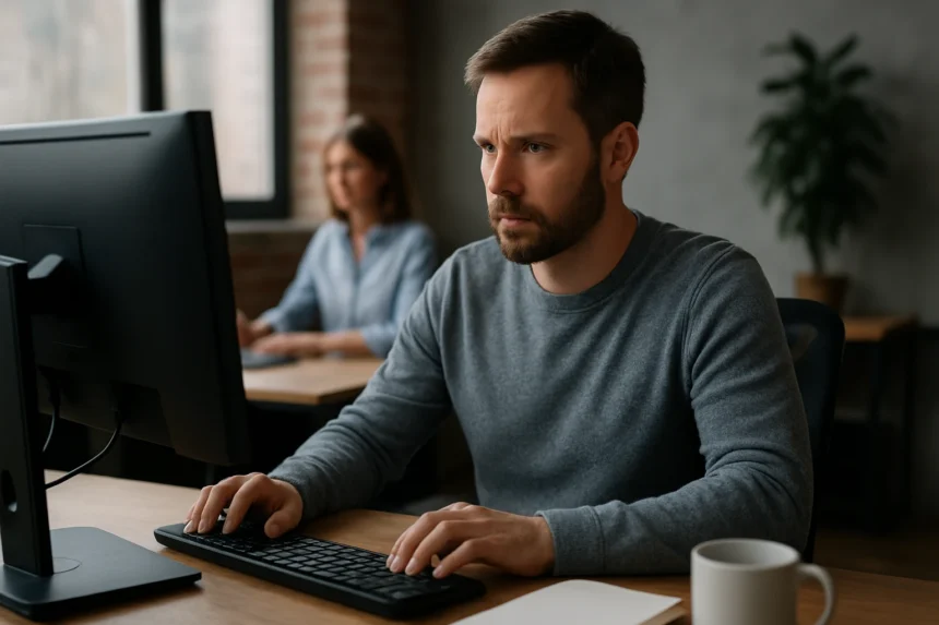 Férfi, aki computer előtt ül, SELinux biztonsági beállításokat néz.