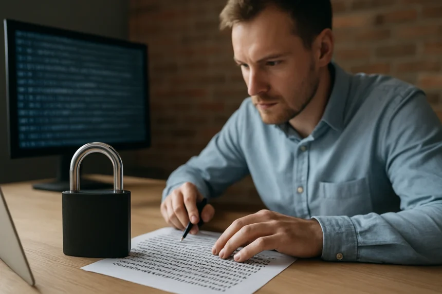 Férfi, aki kriptográfiai feladatokat végez egy biztonsági zár mellett.