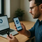 Férfi négyfaktoros hitelesítéshez használt alkalmazást ellenőriz laptop mellett.