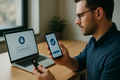 Férfi négyfaktoros hitelesítéshez használt alkalmazást ellenőriz laptop mellett.