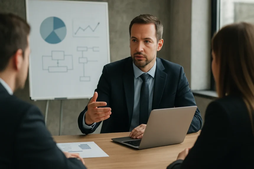 Stratégiai igazgató a vállalati stratégia alakításáról beszél.